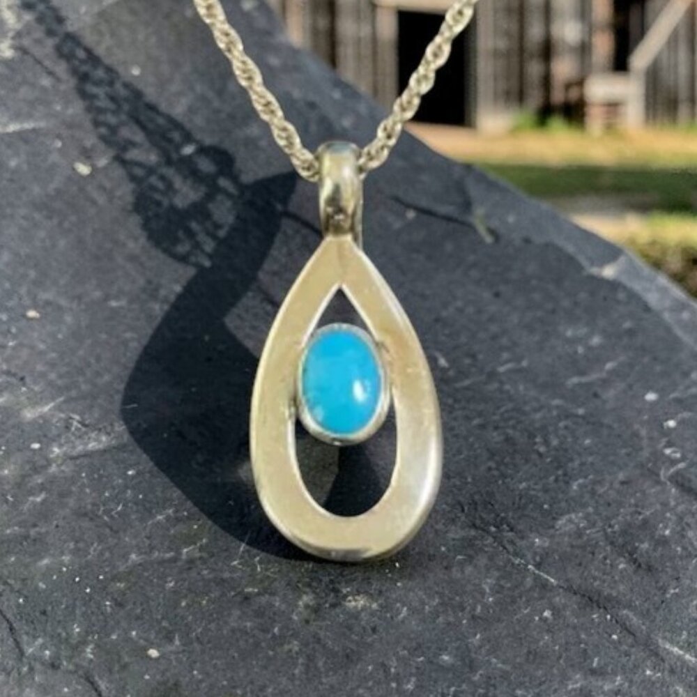 VTG Artisan Sterling Silver Turquoise Teardrop Pendant Necklace Southwestern
